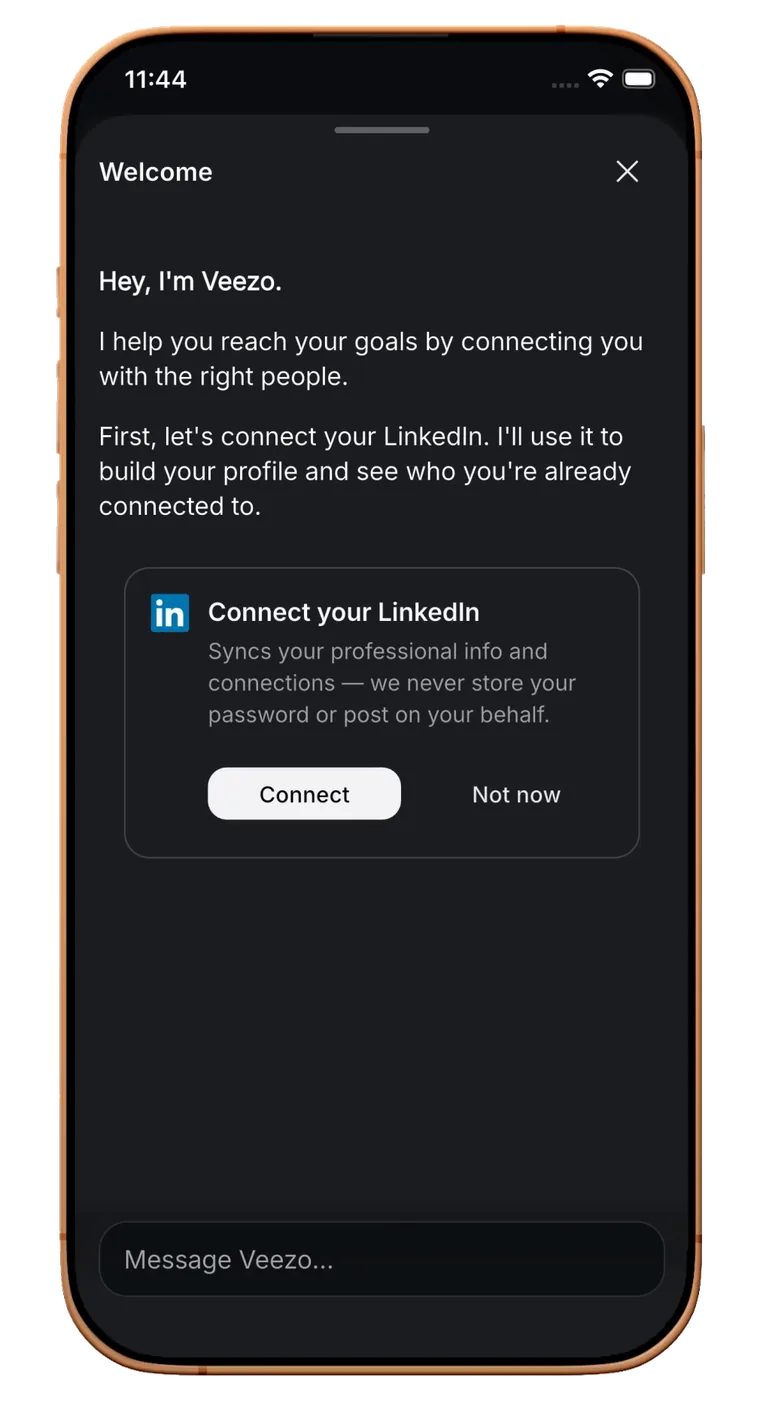 The Veezo onboarding chat on a phone - the agent welcomes the user and offers to connect LinkedIn