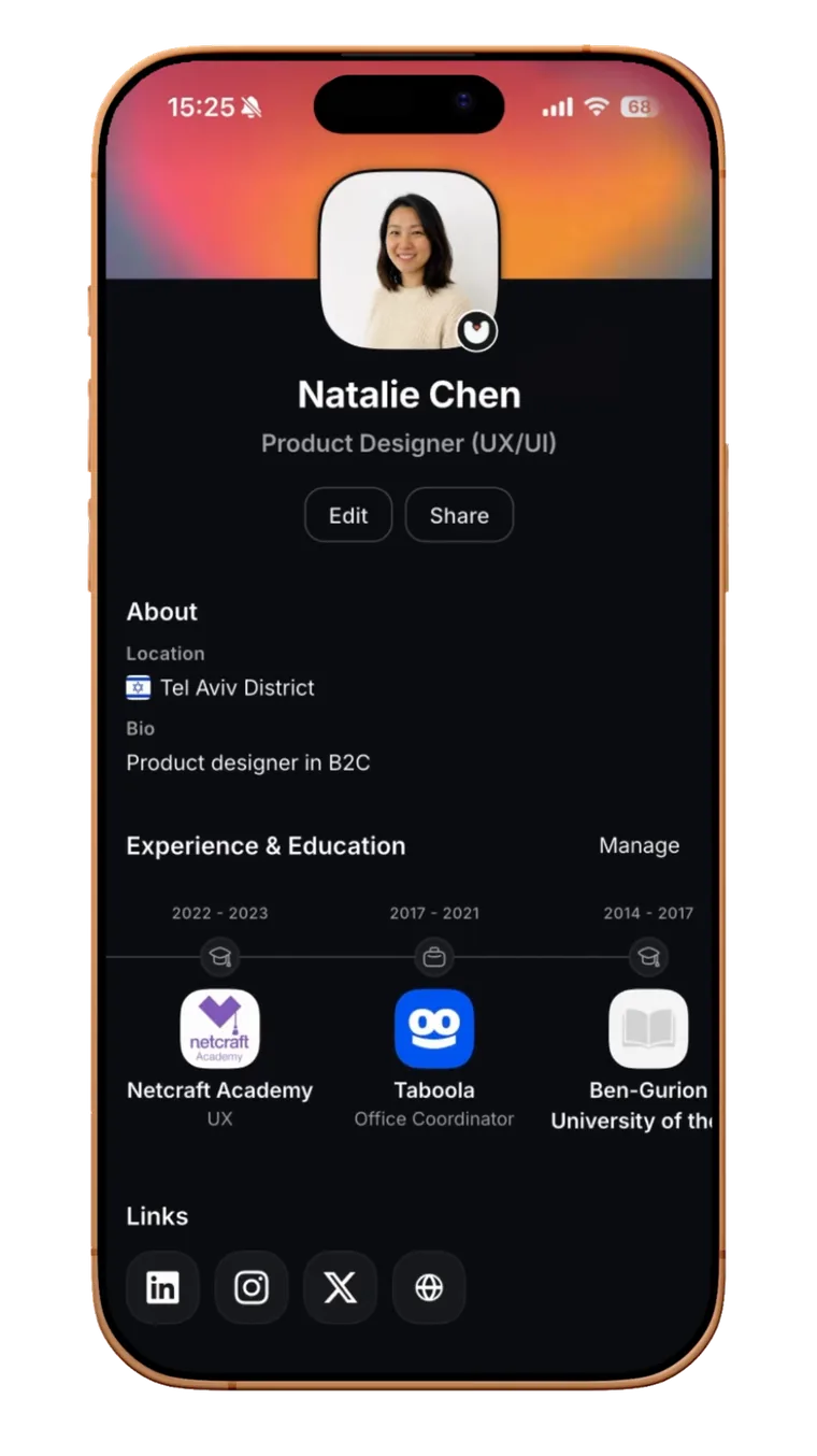 The redesigned Veezo profile on a phone - a photo, name, and career timeline