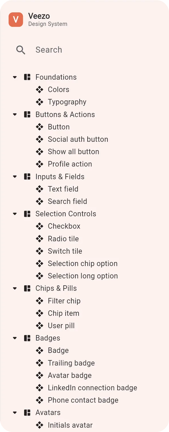 The Veezo design-system widget book on a phone - a catalog of components