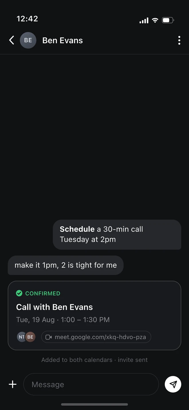 The card confirmed: a solid border, a green Confirmed check, a Google Meet link, added to both calendars.