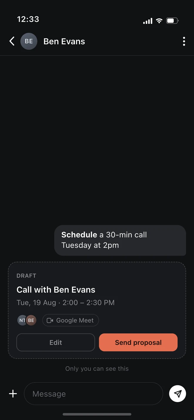 A Veezo DM with Ben Evans: a private draft meeting card labelled Draft, with Edit and Send proposal buttons.