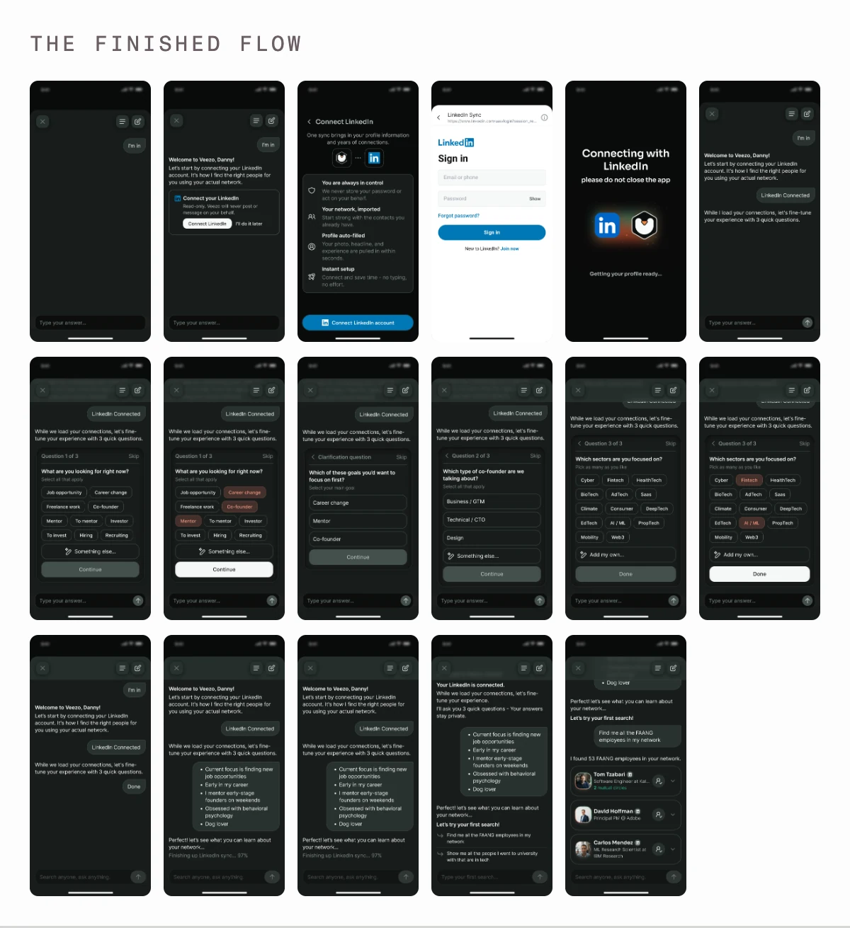 The finished flow: seventeen completed screens from the redesigned onboarding, laid out as a contact sheet - the agent's opening, connecting LinkedIn, the three fine-tuning questions, the profile summary it builds, and the first search