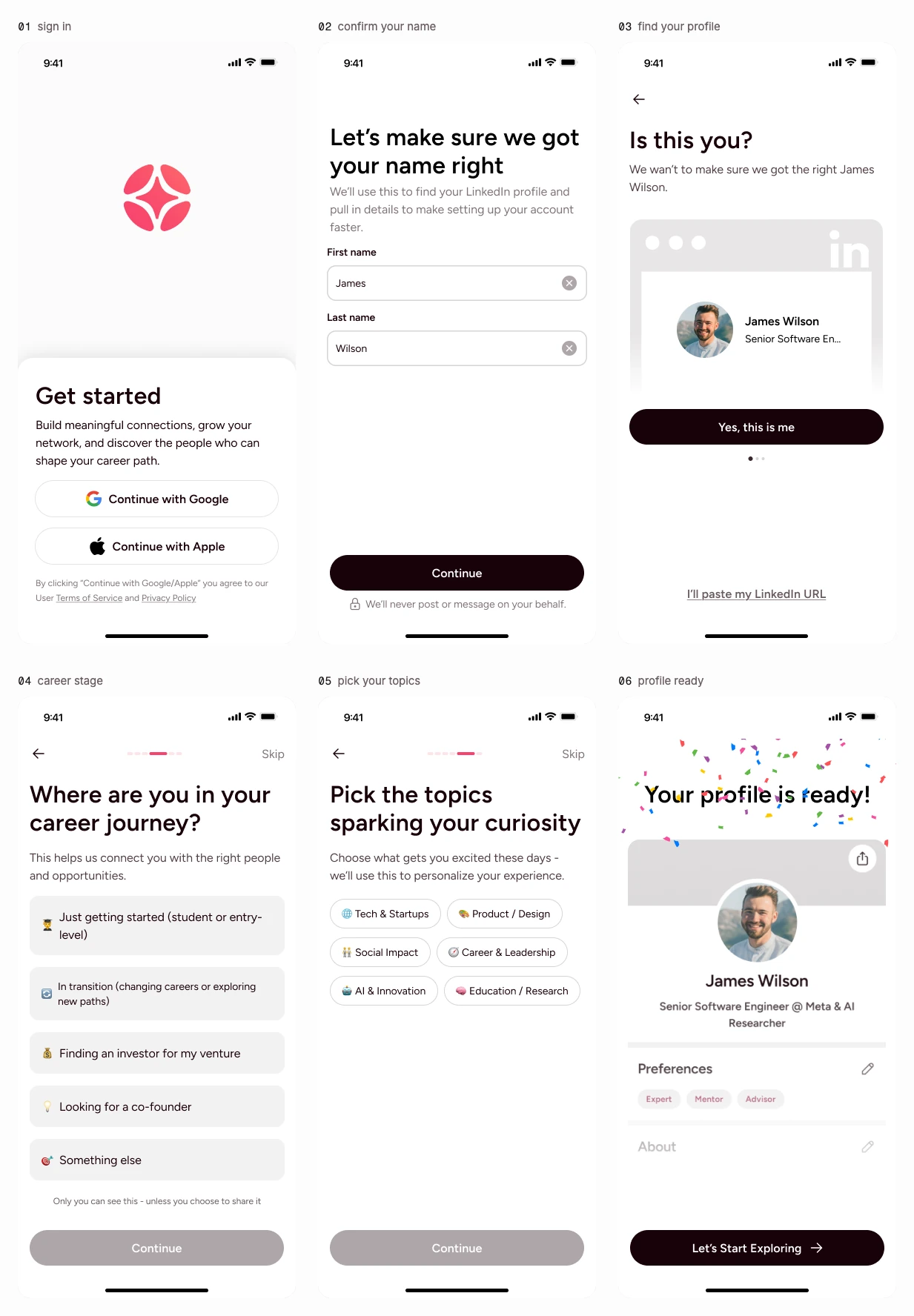 The original onboarding, six screens in order: sign in with Google or Apple, confirm your name, find your LinkedIn profile, pick your career stage, pick your topics, and a finished profile with a Let's Start Exploring button