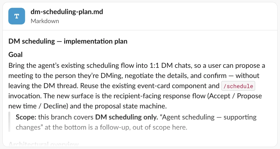 The DM scheduling implementation plan, written as a markdown document: goal, scope, architectural overview.