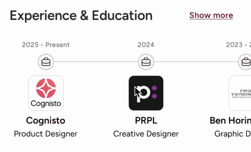 The final Veezo professional timeline - dates above the line, company logos below, work and education as one career path