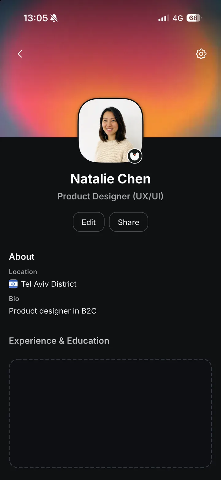 The Veezo profile header - Natalie Chen's centered photo, name and title, the identity layer