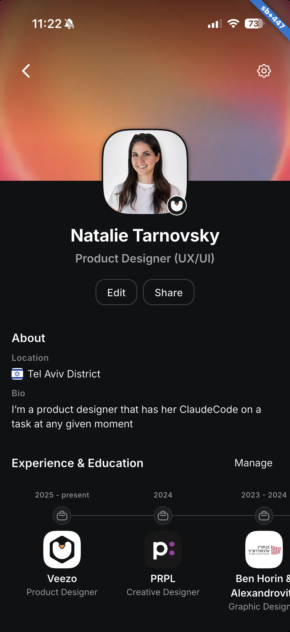 The Veezo profile header - centered photo, name and title, the identity layer