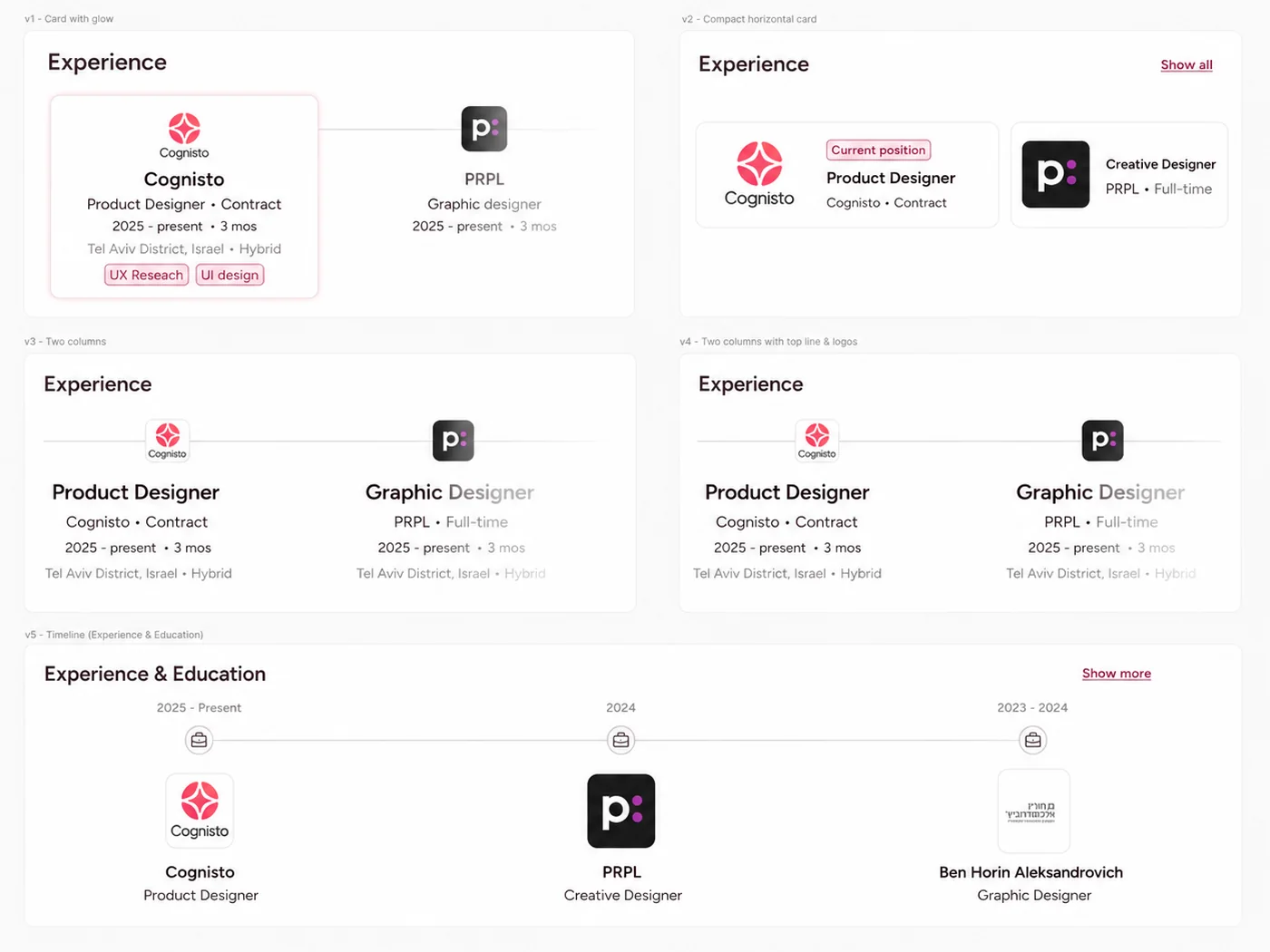 Five layouts I explored for the experience section - a card with a glow, a compact horizontal card, two-column, two-column with a top line and logos, and the timeline that was chosen