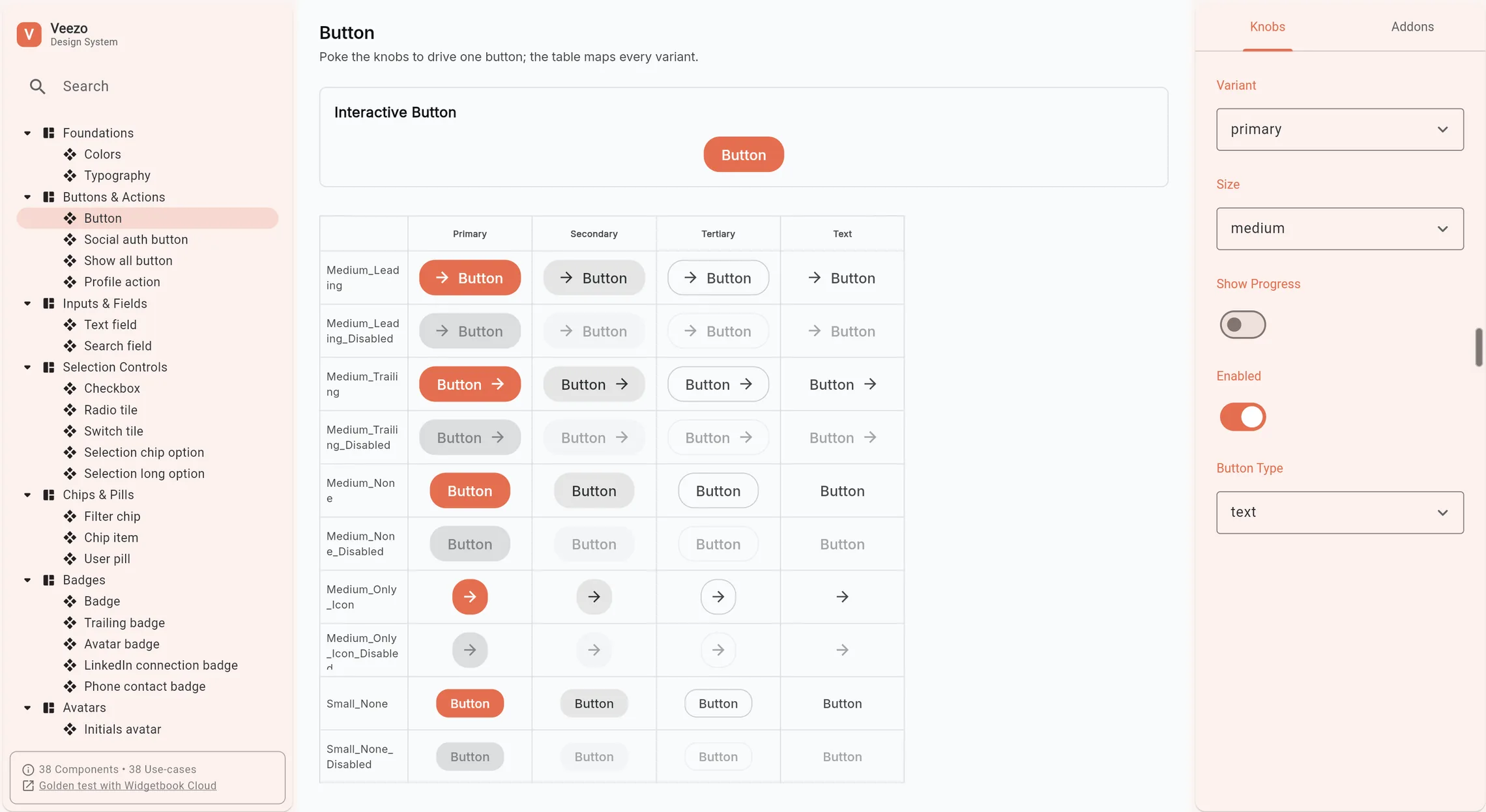 The Veezo design system running in Widgetbook: a coral sidebar of twelve component categories, the Button component with an interactive control, and a table mapping every variant and state.